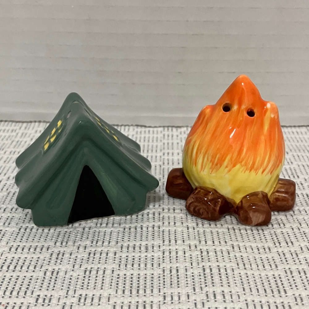 Green Tent & Orange Campfire Ceramic Salt and Pepper Shakers